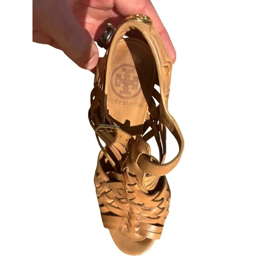 Tory Burch Nadia Huarache Woven Tan Leather Sandals heels size 5.5 M